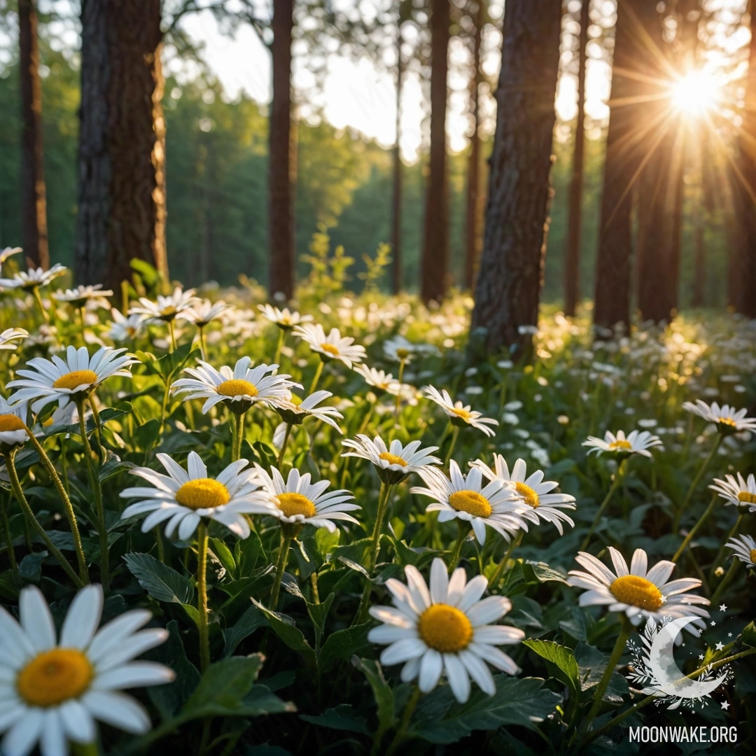 Close-up of daisies with garland light in a forest during sunset.