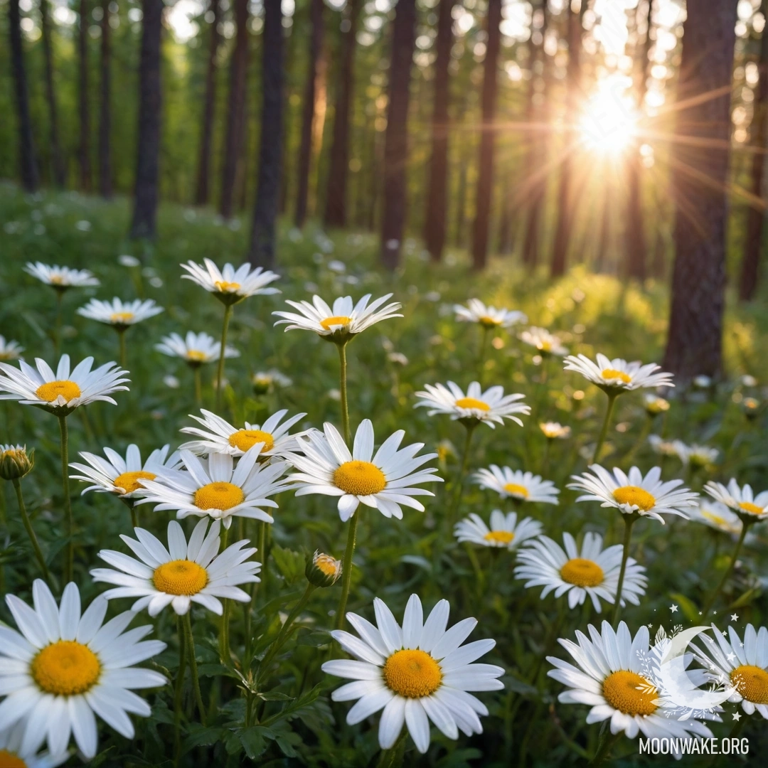 Close-up of daisies with sunlight filtering through forest trees at sunset.