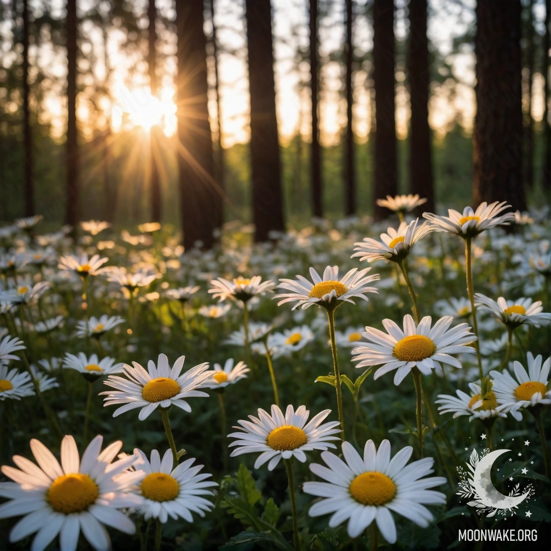 A close-up of daisies with the sunset shining through the trees in a forest.