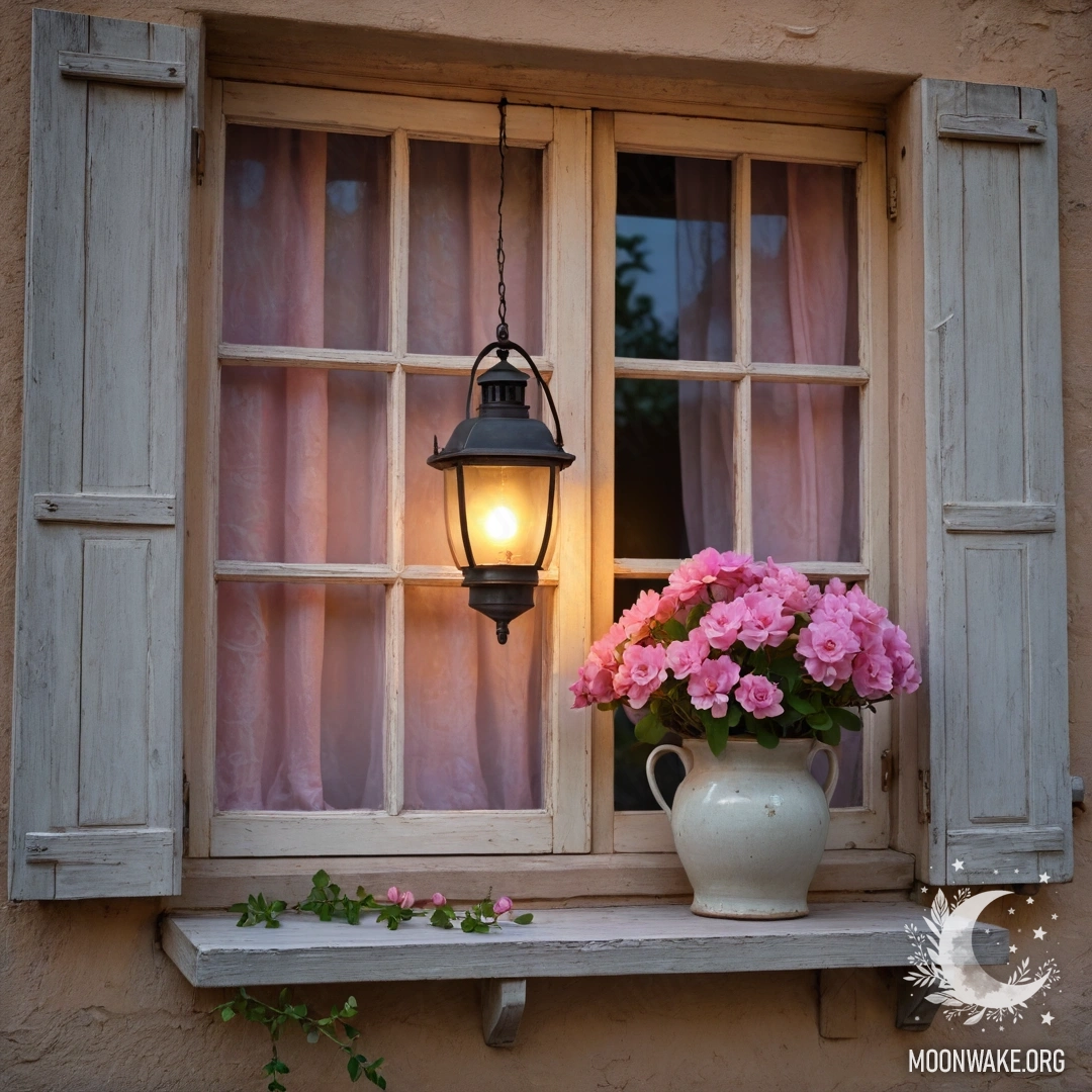 A shabby wooden window with pink flowers and a kerosene lamp above it at sunset.