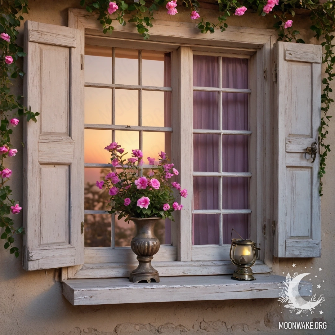 Romantic Sunset Window A shabby wooden window adorned with pink flowers and a kerosene lamp above, set against a sunset background.
