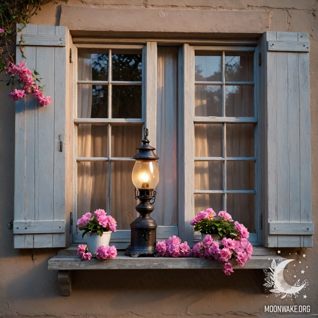 A shabby wooden window with shutters, adorned with pink flowers, under a kerosene lamp.