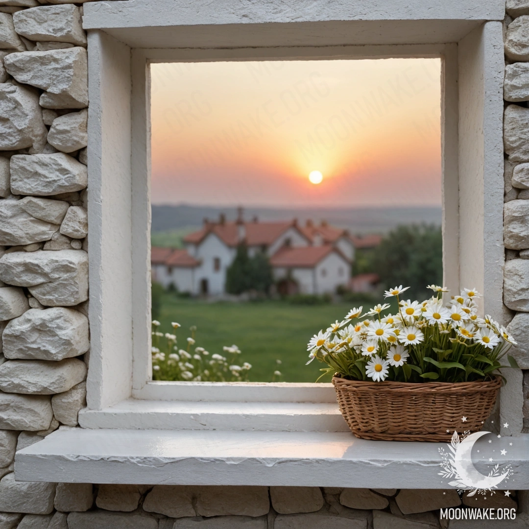A romantic scene featuring a white stone wall, open window, and a basket of daisies on the windowsill during sunset.