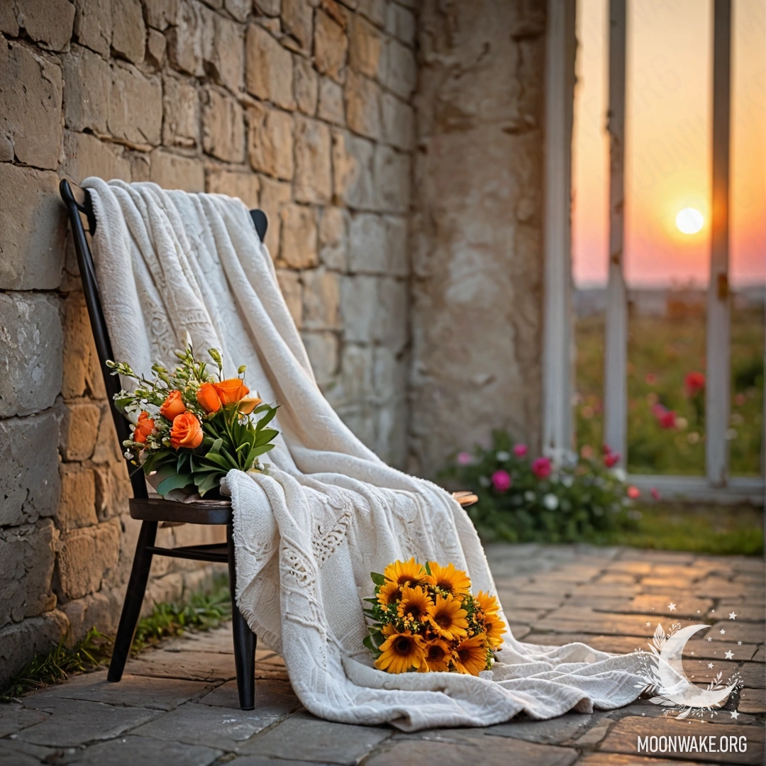 A chair against a shabby wall, adorned with a blanket and a bouquet of flowers at sunset.