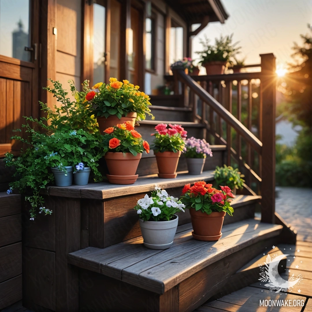 A wooden staircase adorned with flowerpots during a sunset.