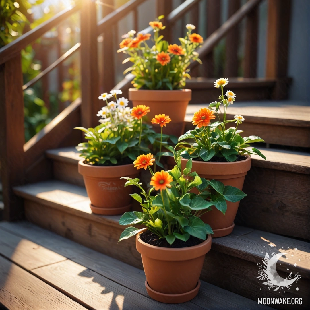Romantic Sunset on Wooden Staircase A photorealistic image of a wooden staircase adorned with flowerpots at sunset.