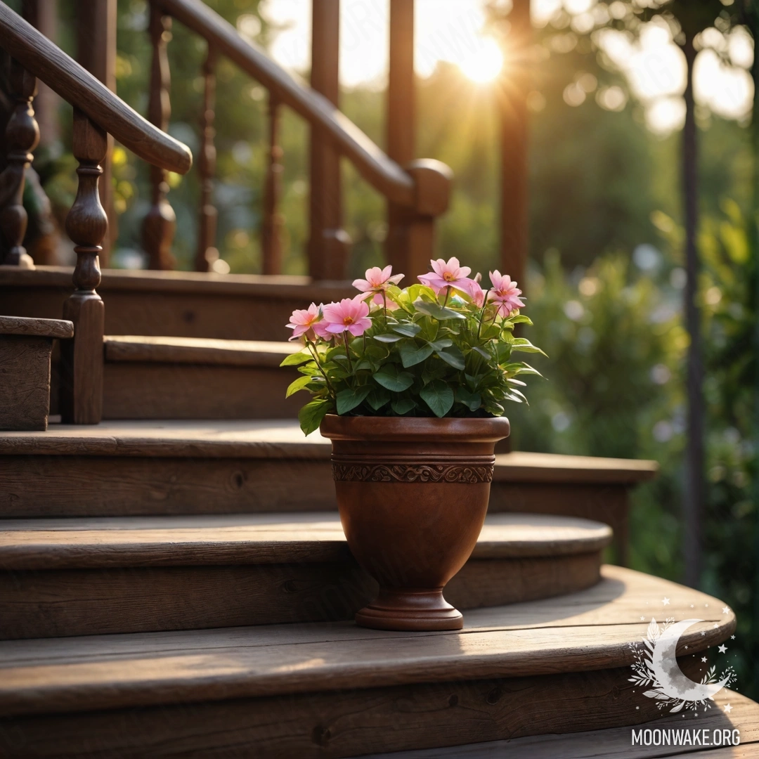 A photorealistic scene of flowerpots on a wooden staircase during sunset.