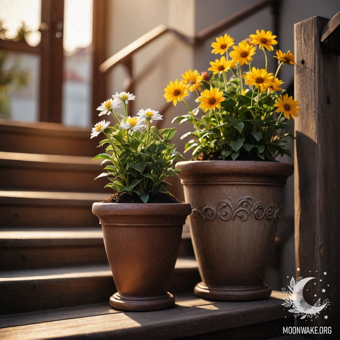 A wooden staircase adorned with flowerpots during sunset.