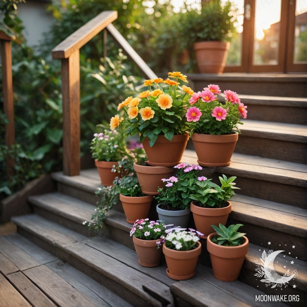 Romantic Sunset on a Wooden Staircase Wooden staircase adorned with flowerpots, illuminated by sunset.