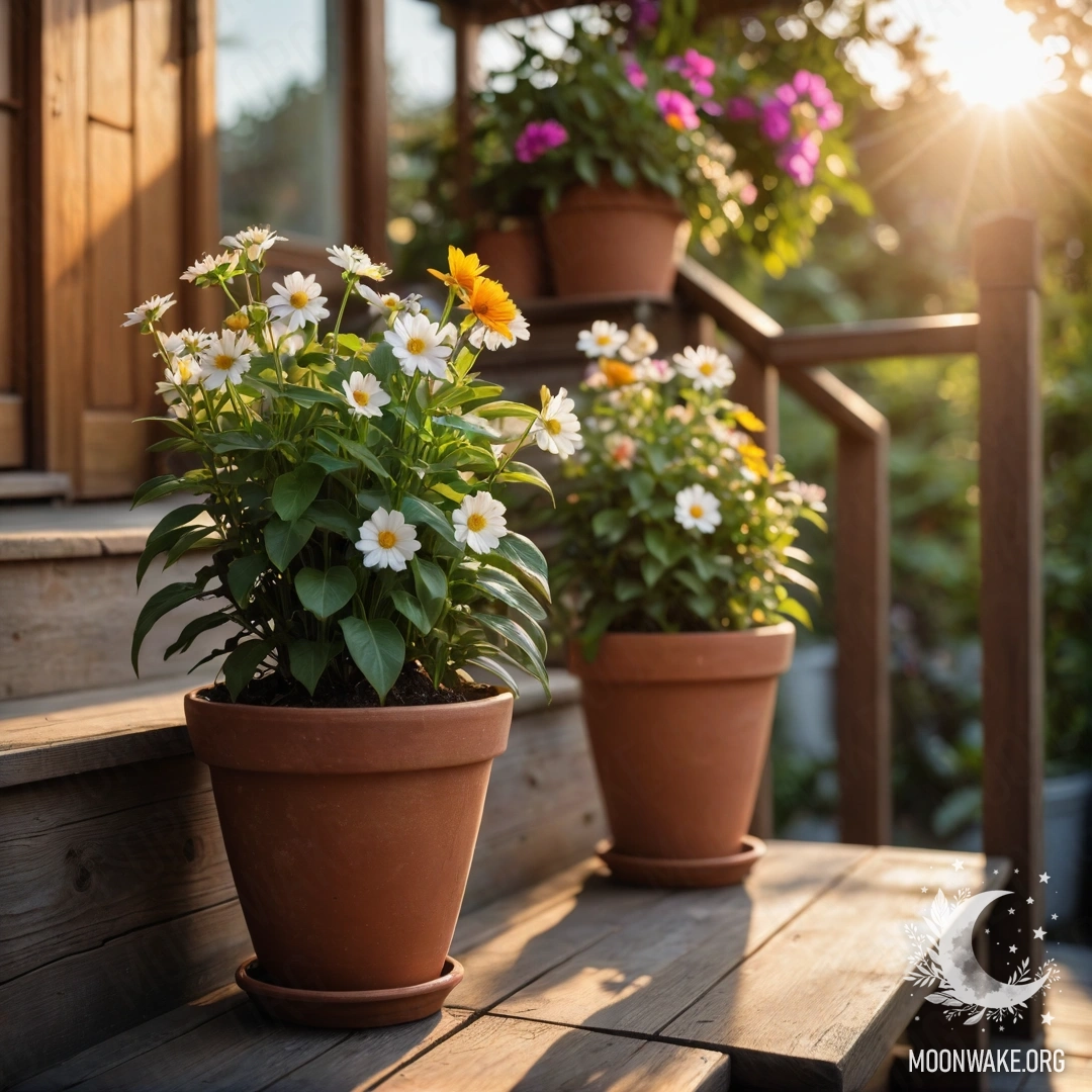 Romantic Sunset on a Wooden Staircase A wooden staircase adorned with flowerpots at sunset, evoking romance.