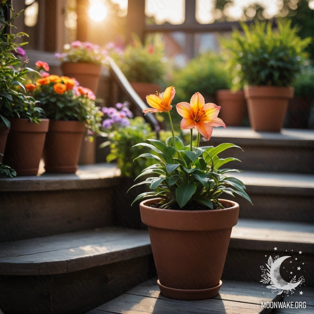 Romantic Sunset on a Wooden Staircase A wooden staircase adorned with flowerpots, illuminated by sunset.
