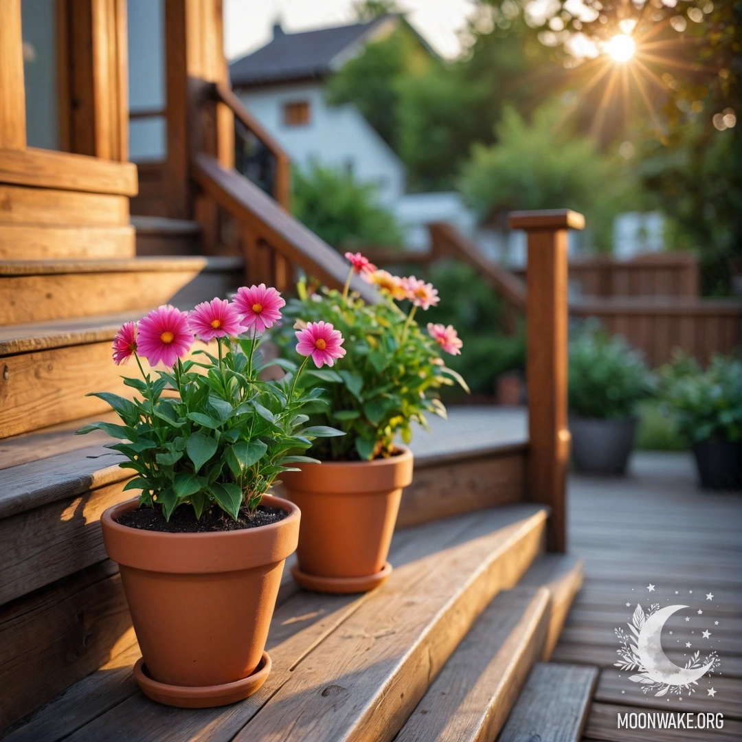 Romantic Sunset on a Wooden Staircase with Flowerpots A beautiful wooden staircase adorned with flowerpots at sunset.