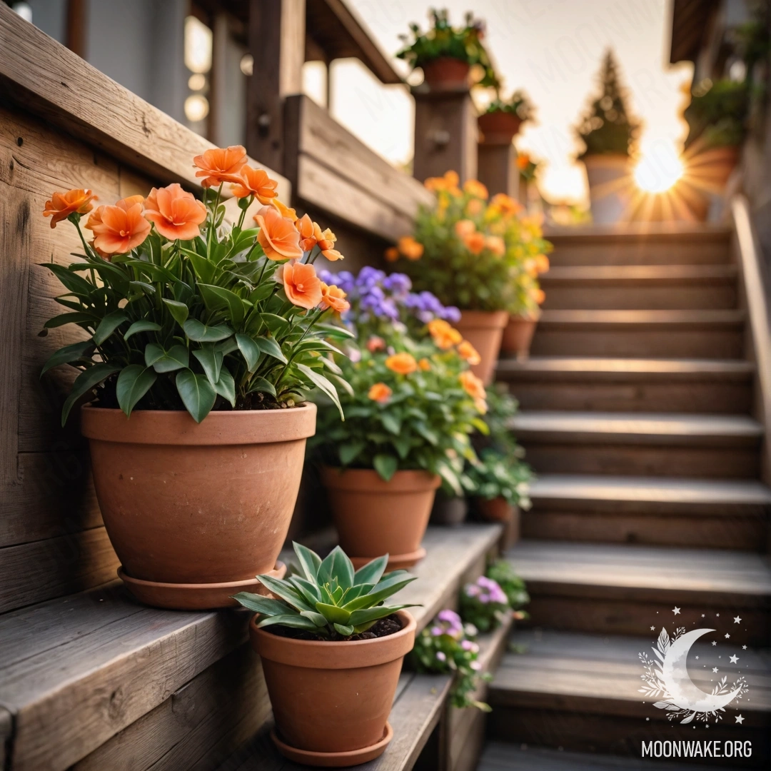 A beautiful wooden staircase adorned with flowerpots at sunset.