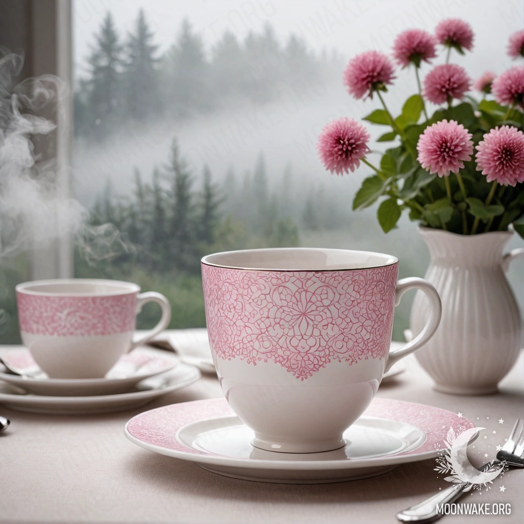A round straw napkin with white porcelain cups and a pink pattern, clover in a white vase, enveloped in dense fog.