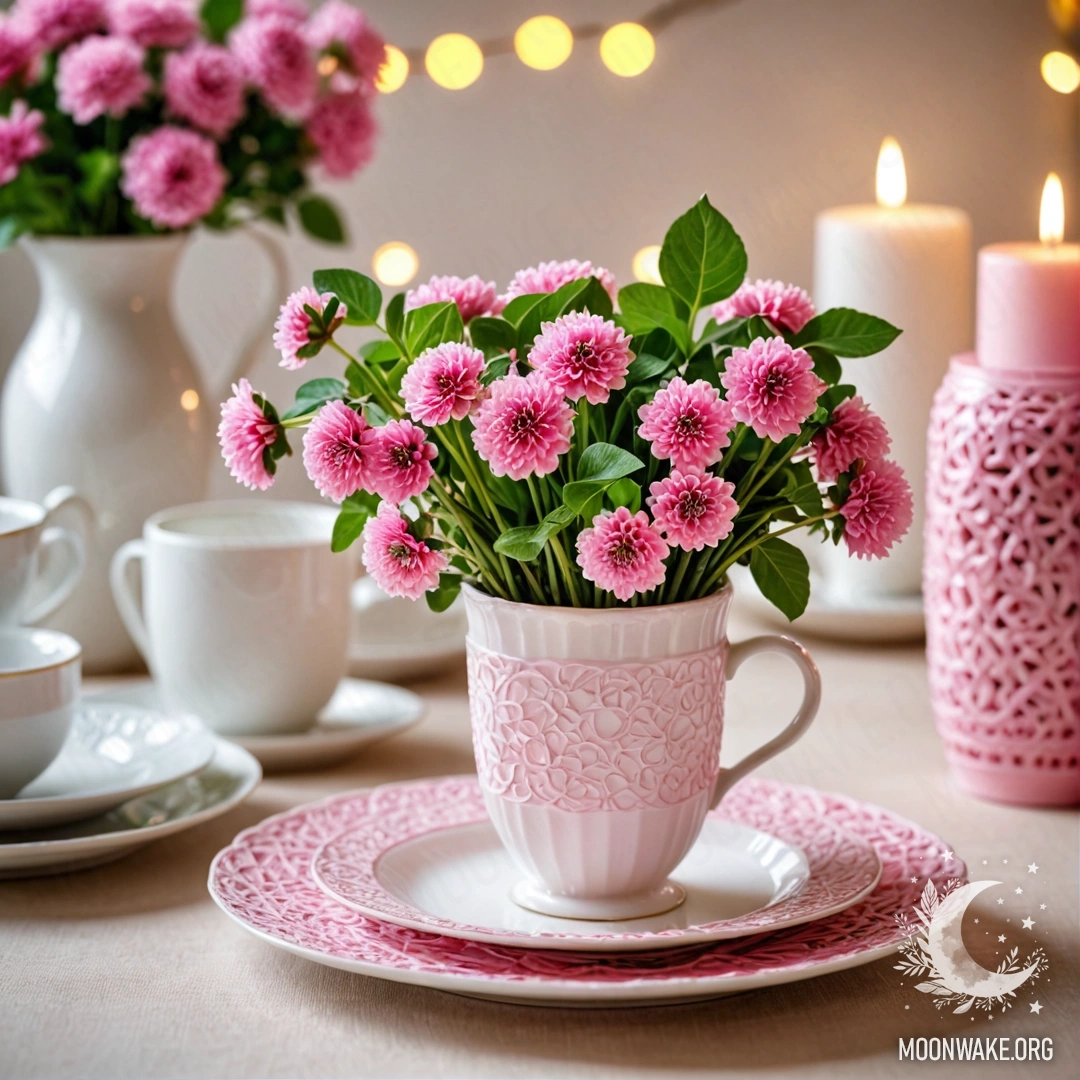 A romantic table setting featuring round straw napkin, white porcelain cups with pink patterns, and a white vase filled with clover, adorned with string lights.