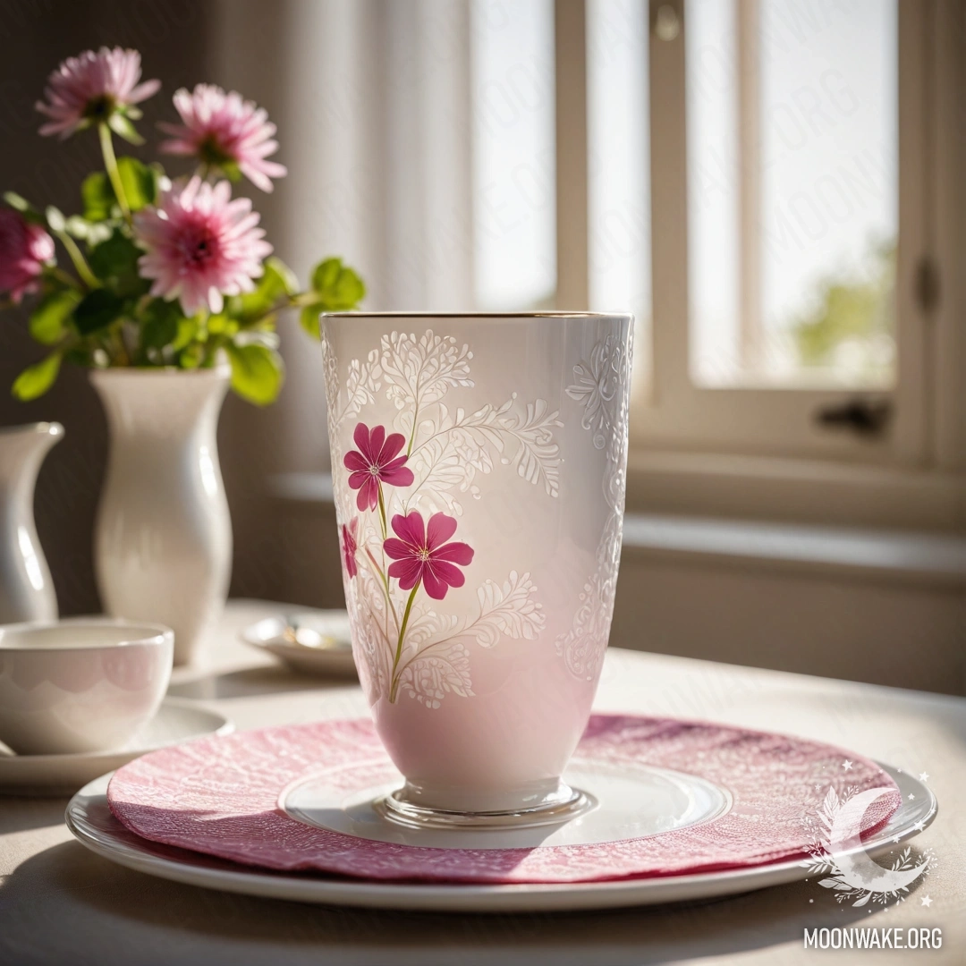 A round straw napkin with porcelain cups and a clover vase in sunlight.