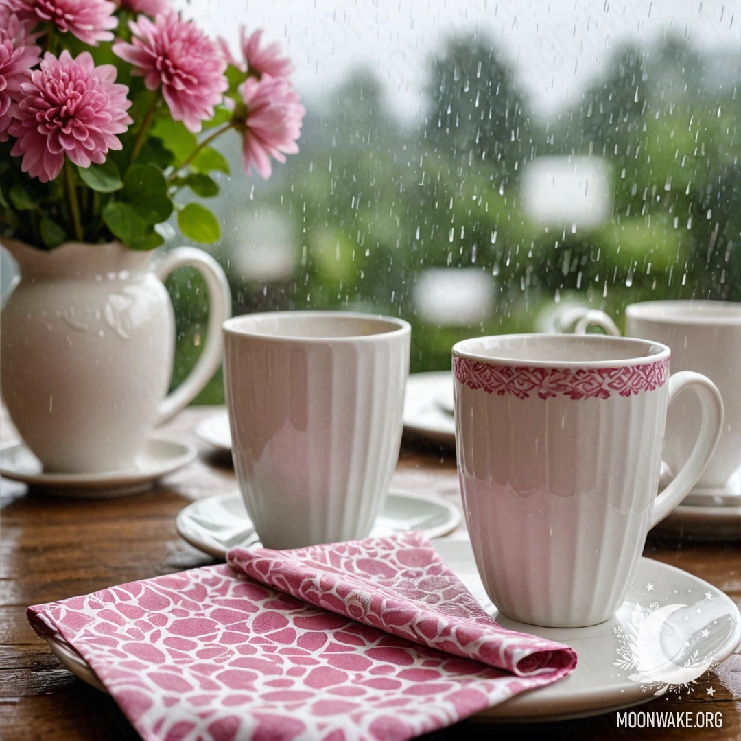 A round straw napkin with white porcelain cups featuring a pink pattern, and a white vase with clover under the rain.