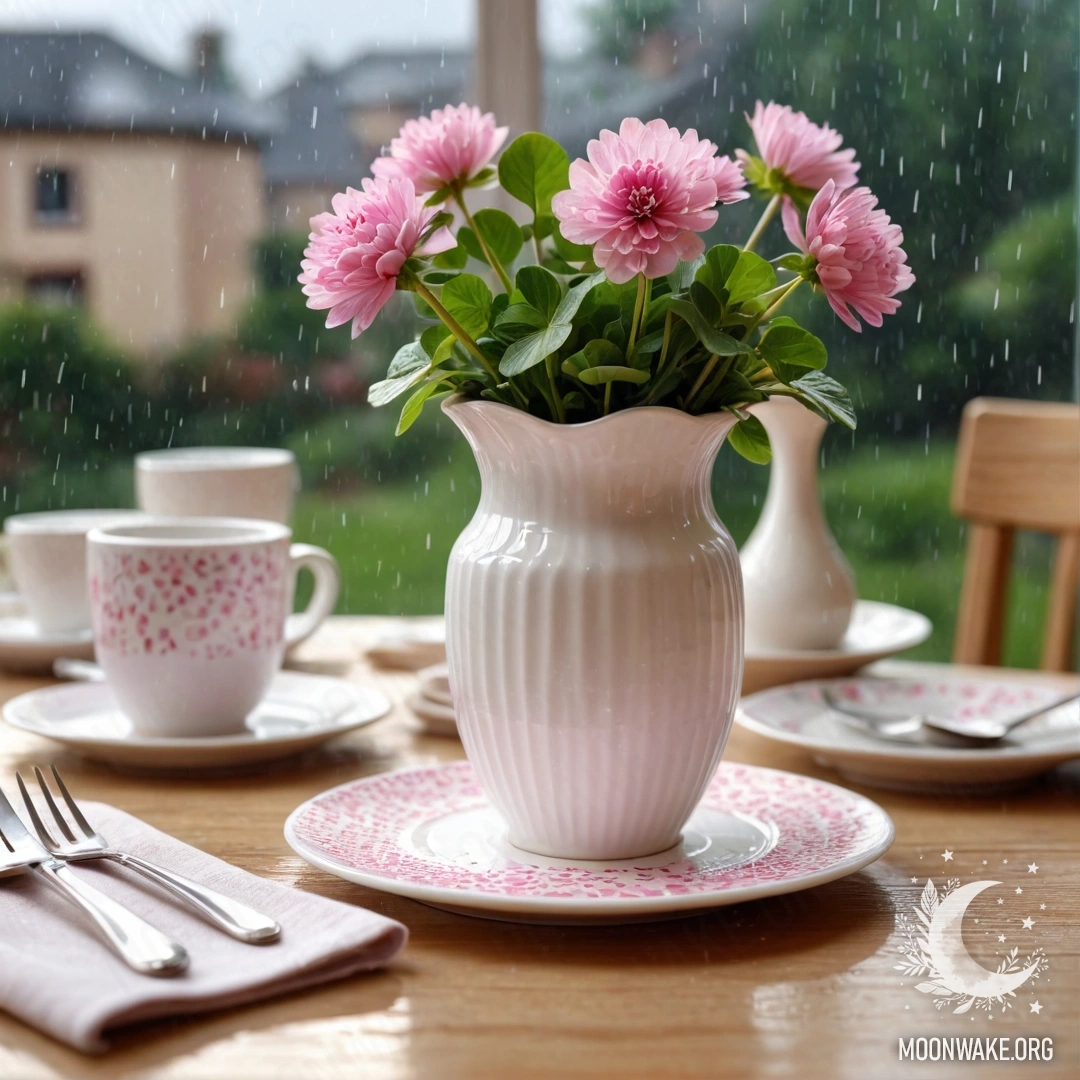 A round straw napkin with white porcelain cups decorated with a pink pattern, a white vase with clover under the rain.