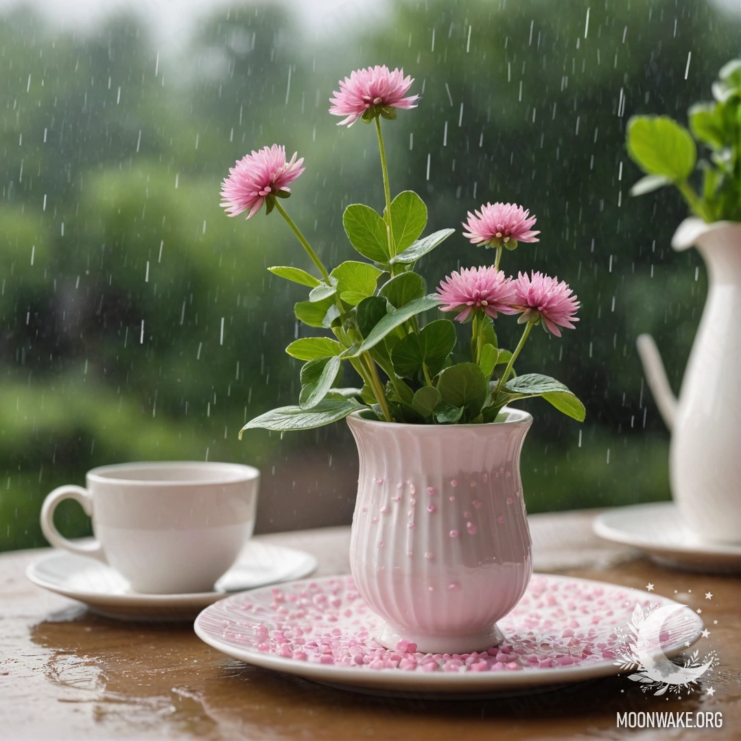 Romantic Rainy Tea Set A round straw napkin with white porcelain cups and a pink pattern, a white vase with clover under the rain.