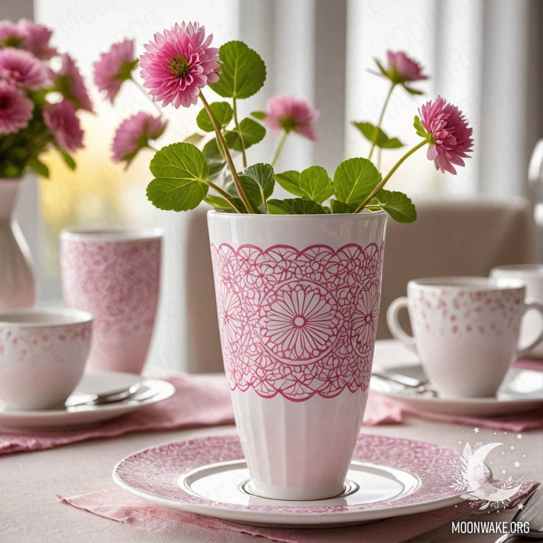 A round straw napkin with white porcelain cups and a pink pattern, clover in a white vase, illuminated by soft sun rays.