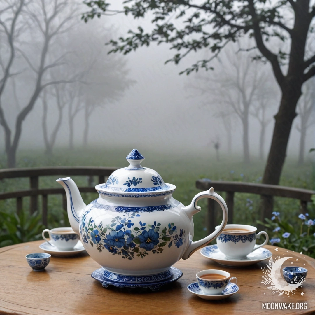 A round wooden table with a porcelain teapot and blue flowers inside it, surrounded by dense fog.