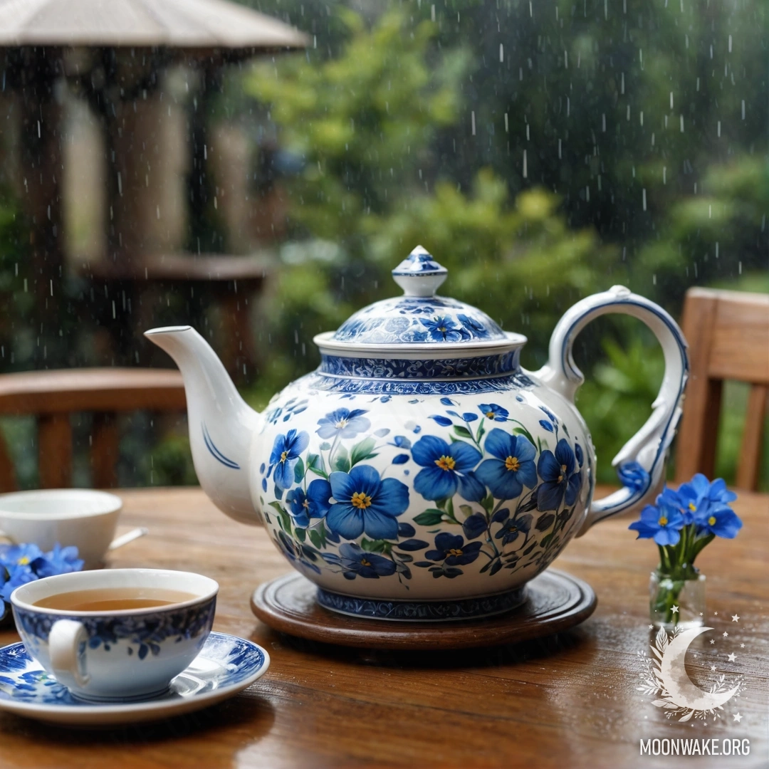 A round wooden table with a porcelain teapot filled with blue flowers under the rain.