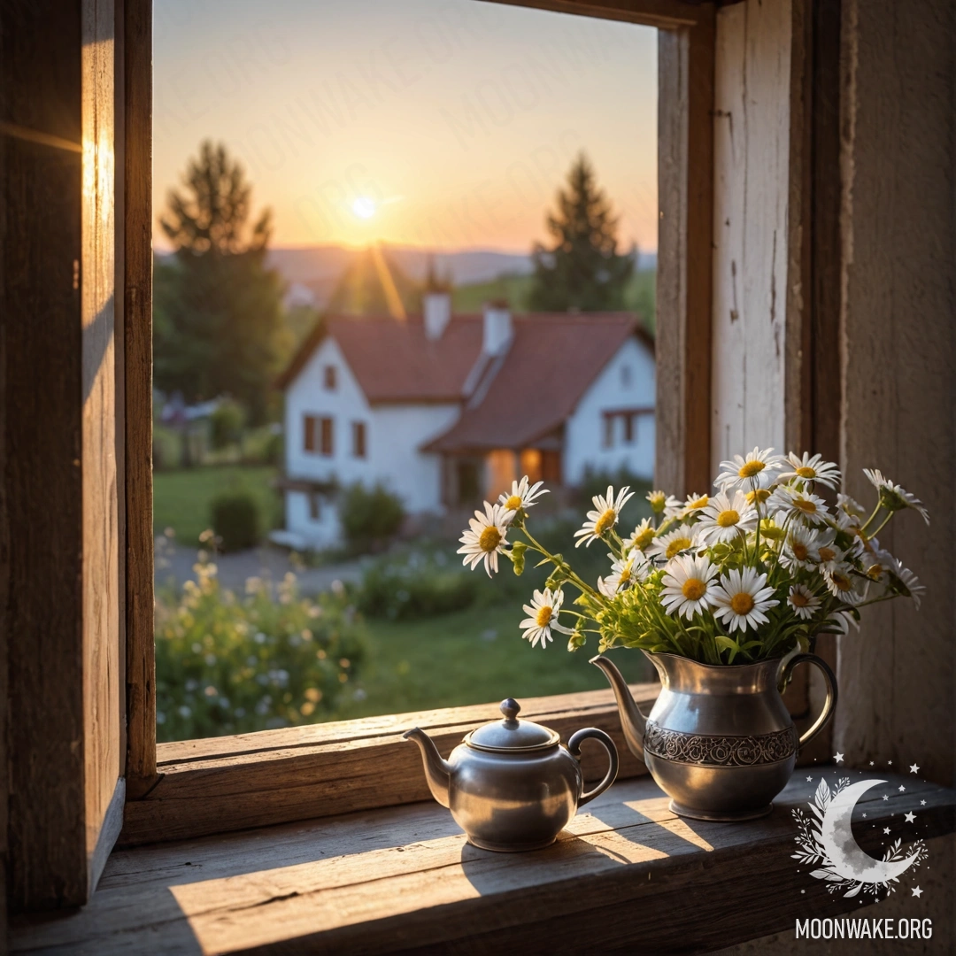 A photorealistic image of a metal teapot with patterns and daisies, placed on a shabby wooden window sill at sunset.