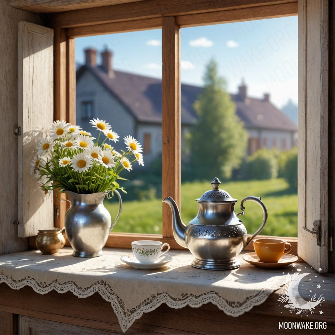 A photorealistic image of a metal teapot with patterns and daisies on a shabby wooden window sill, illuminated by sun rays.
