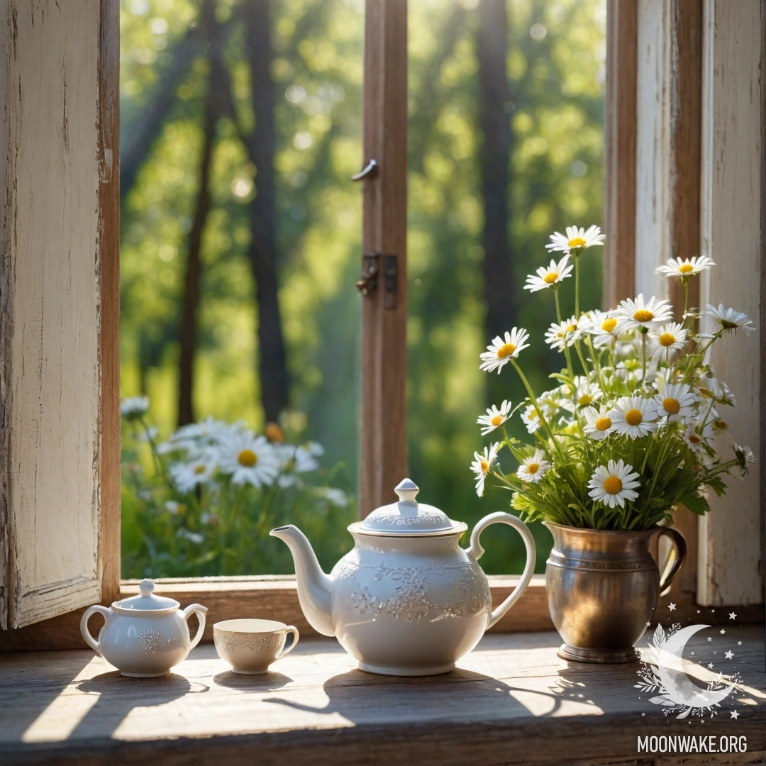 A rustic wooden window sill with a metal teapot adorned with patterns and daisies, illuminated by sunlight.