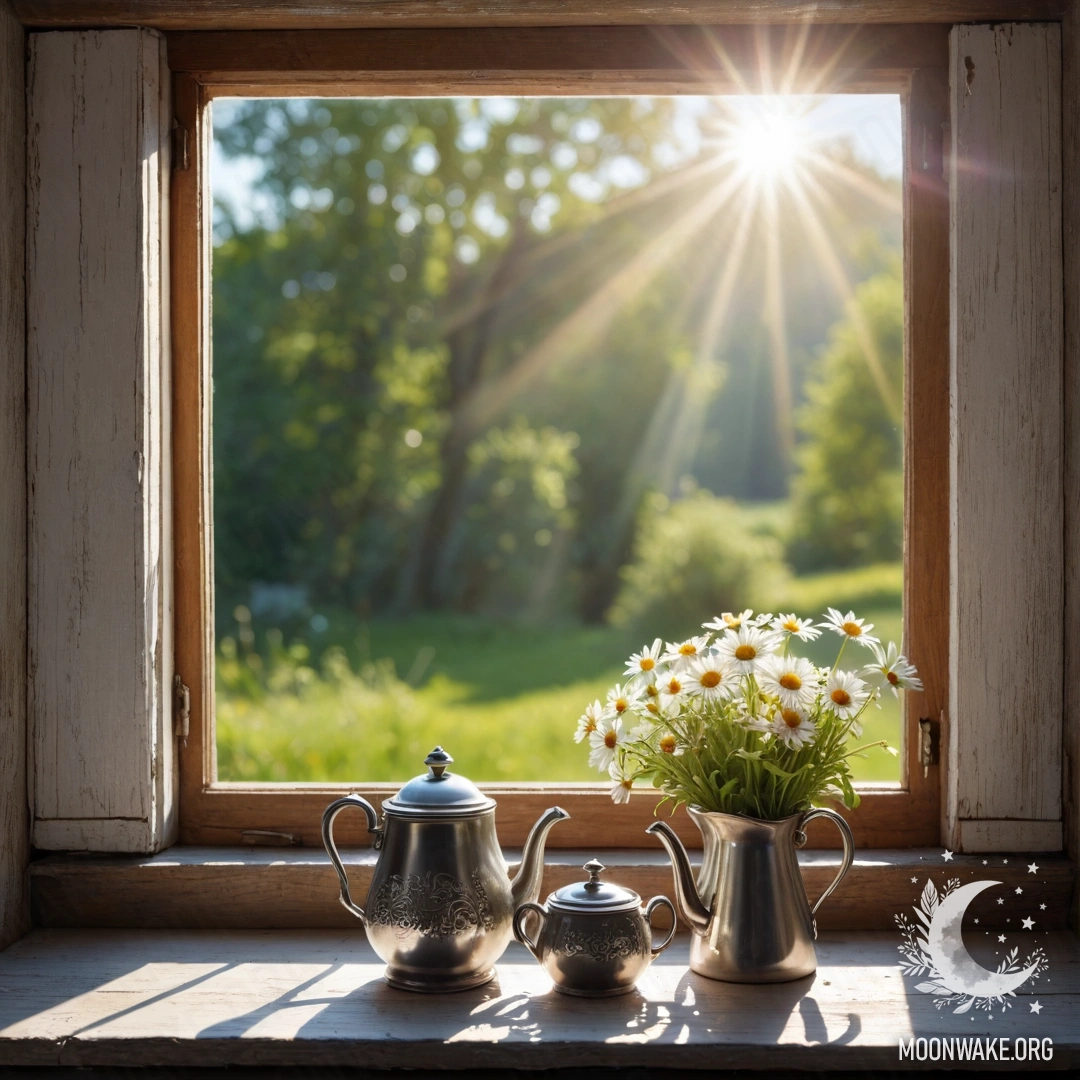 A metal teapot adorned with patterns, filled with daisies, placed on a shabby wooden window sill, illuminated by soft sun rays.