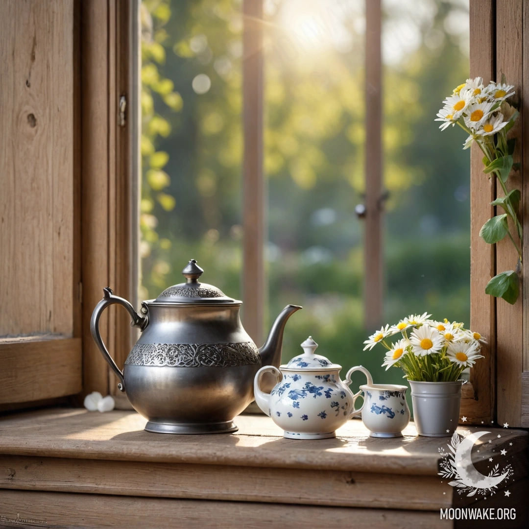 A metal teapot with patterns and daisies on a shabby wooden window sill.