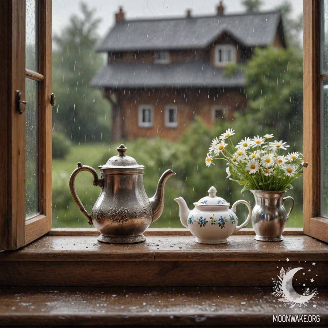 A metal teapot with patterns and daisies sits on a wooden window sill, rain falls around it.