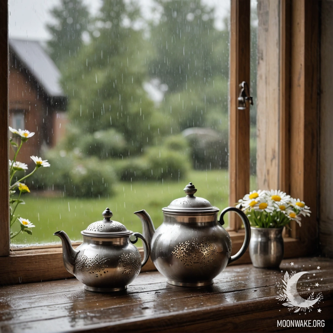 A metal teapot with patterns rests on a shabby wooden windowsill, surrounded by daisies, while rain falls softly.