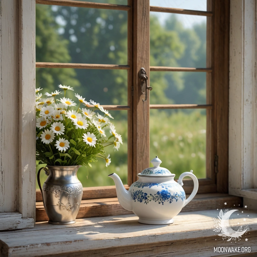 A metal teapot adorned with patterns, resting on a shabby wooden window sill, surrounded by daisies and twinkling garland lights.