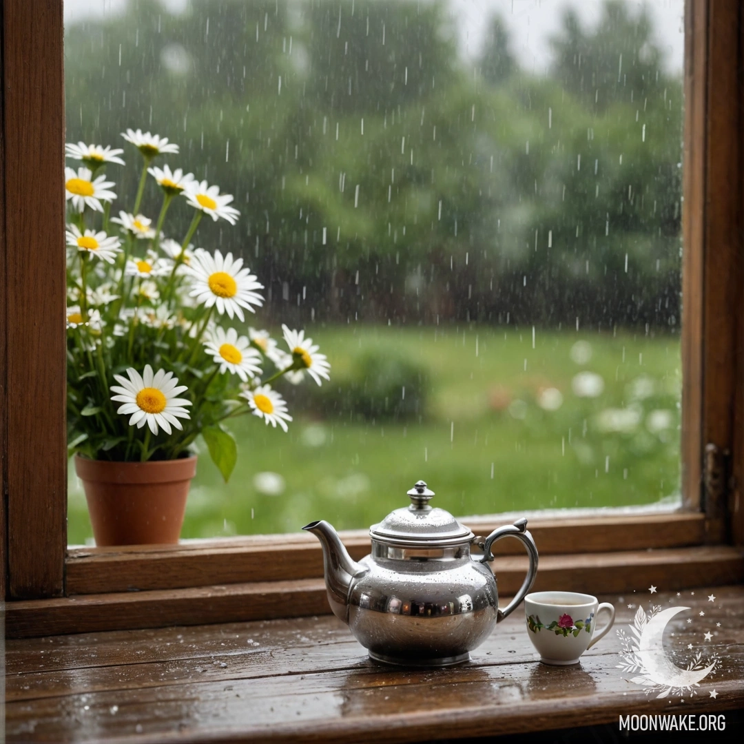A vintage metal teapot adorned with patterns, resting on a shabby wooden window sill with daisies under the rain.