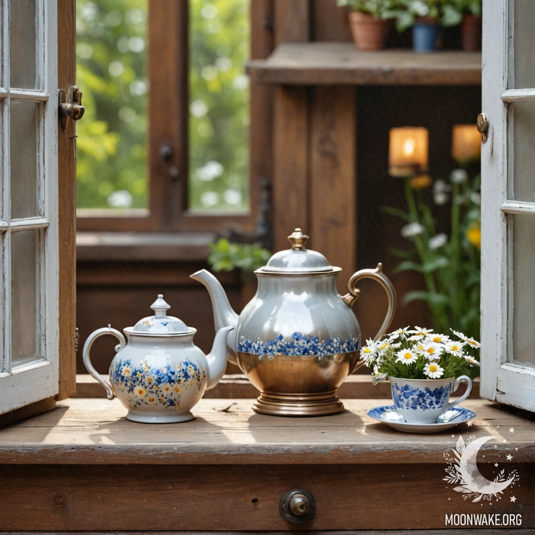 A photorealistic image of a metal teapot adorned with patterns, sitting on a shabby wooden window sill, filled with daisies.