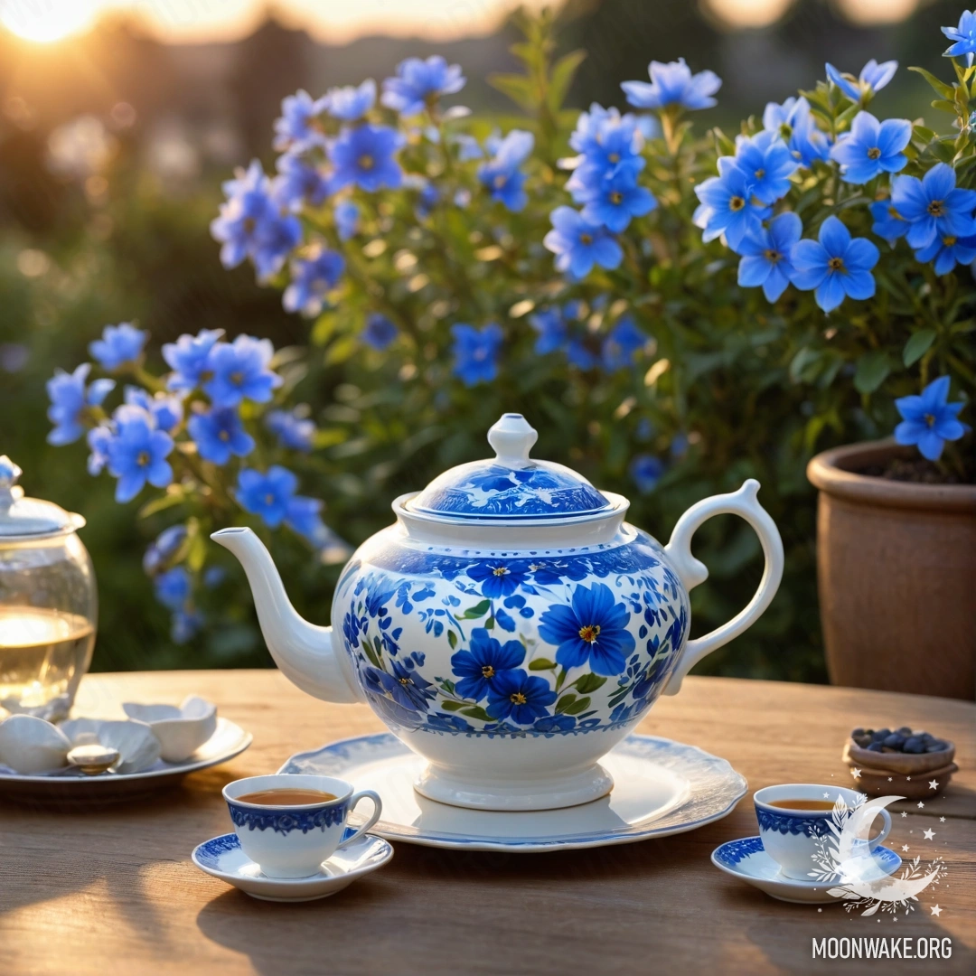 A porcelain teapot with blue flowers on a round wooden table at sunset.