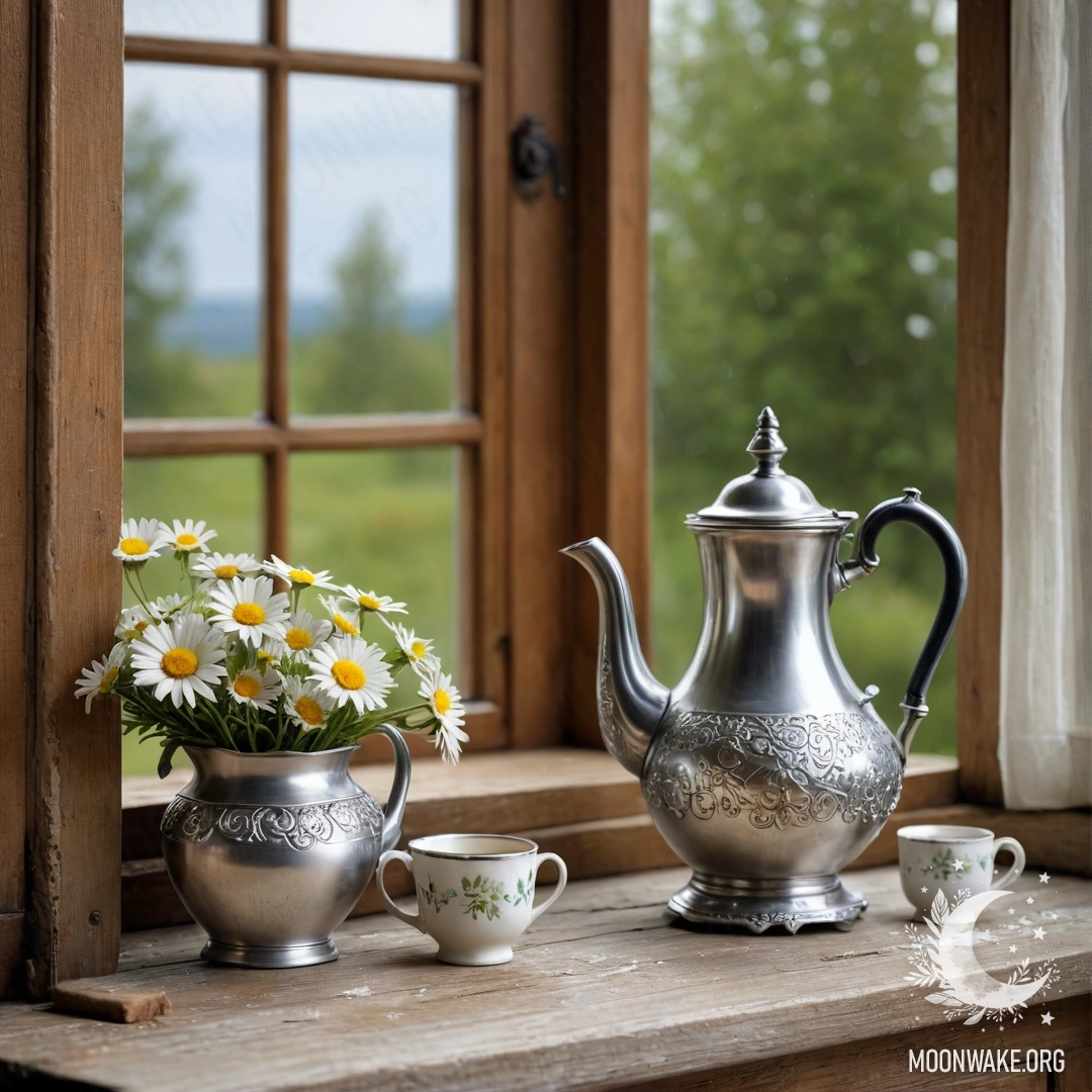 Romantic Teapot on Wooden Windowsill A metal teapot adorned with patterns surrounded by daisies on a wooden windowsill.