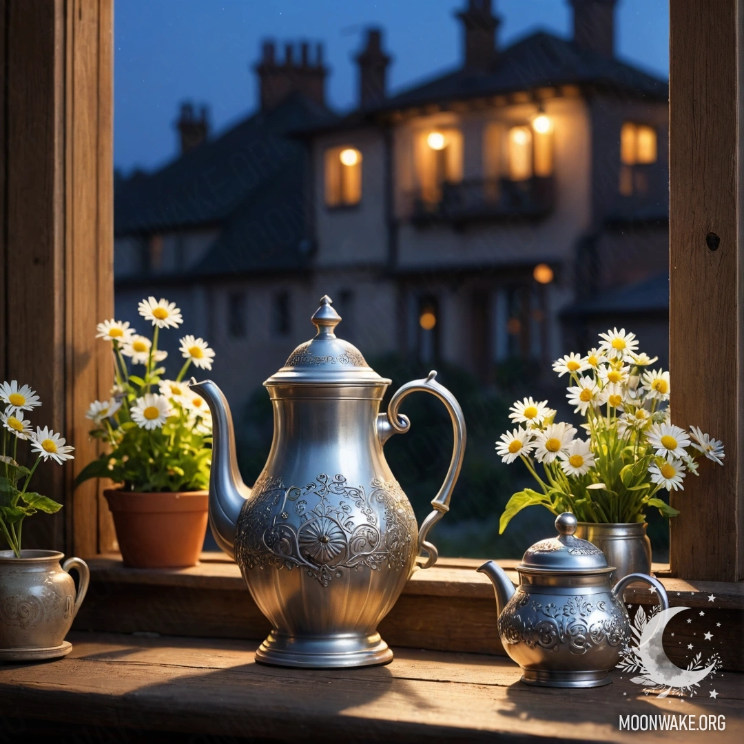 Romantic Teapot on a Wooden Windowsill at Night A metal teapot adorned with patterns sits on a shabby wooden windowsill with daisies at night.