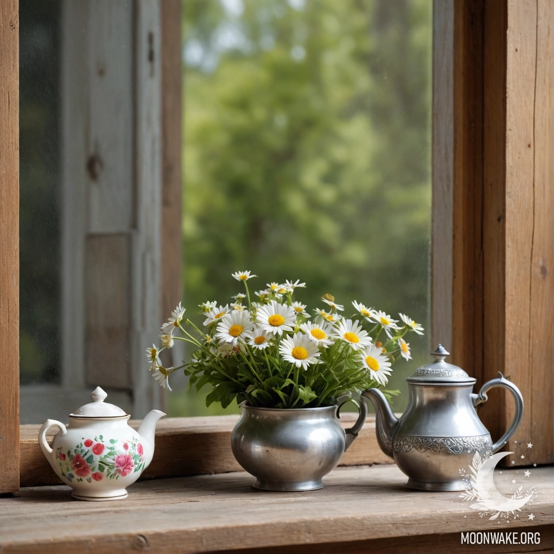 A rustic metal teapot adorned with patterns resting on a shabby windowsill, filled with daisies.
