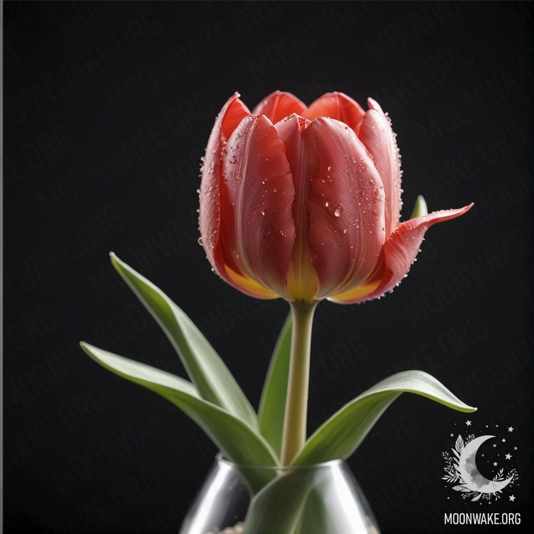 Romantic Tulip in Sage Vase with Web A romantic tulip with a delicate web in a sage-colored vase at night.