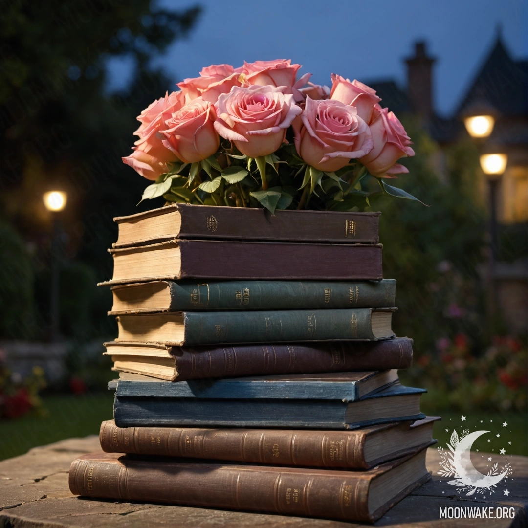 A stack of vintage books adorned with a bouquet of roses in a garden at night.