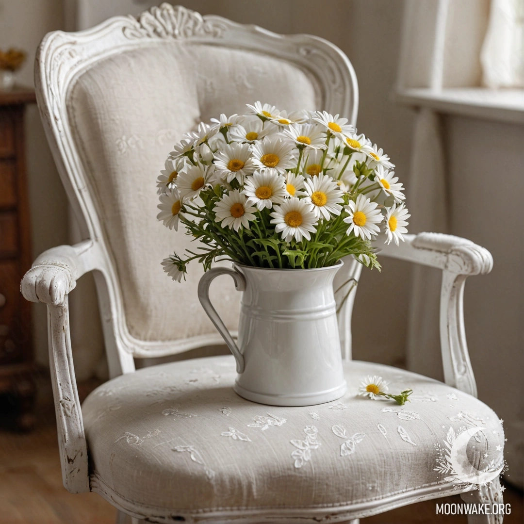 Vintage Romantic Chair with Coffee and Daisies A close-up of a vintage shabby chair draped with translucent fabric, a cup of coffee, and a milk bucket with daisies.
