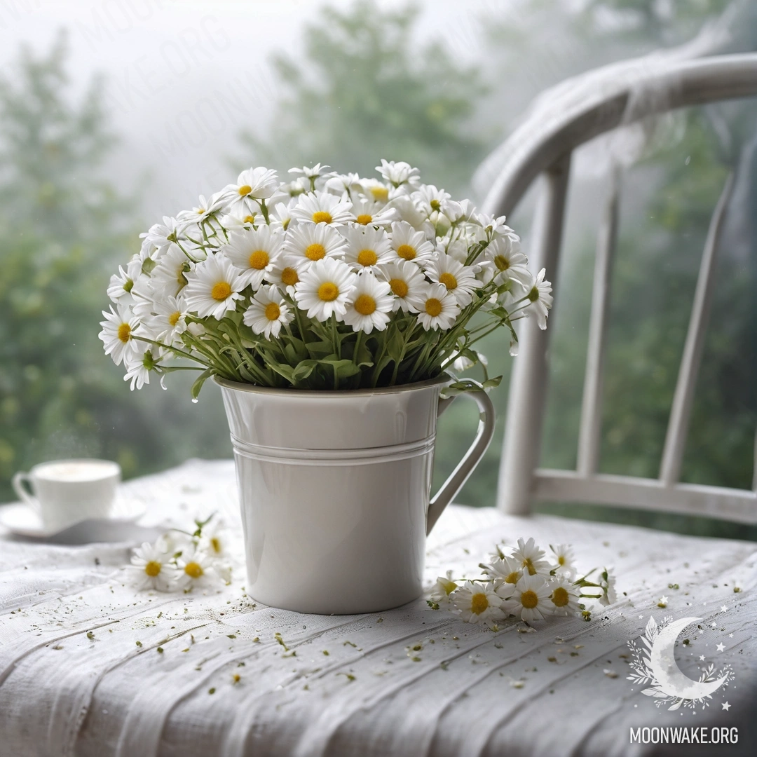 Romantic Vintage Chair with Daisies A close-up of a shabby vintage chair adorned with translucent fabric, a cup of coffee, and a white milk bucket filled with daisies, set in a dense fog.