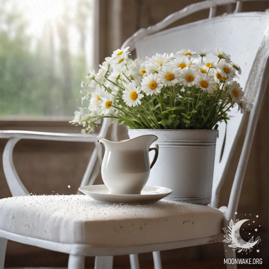 Romantic Vintage Chair with Daisies and Coffee A close-up of a vintage chair with translucent fabric, a cup of coffee, and a milk bucket with daisies, under the rain.
