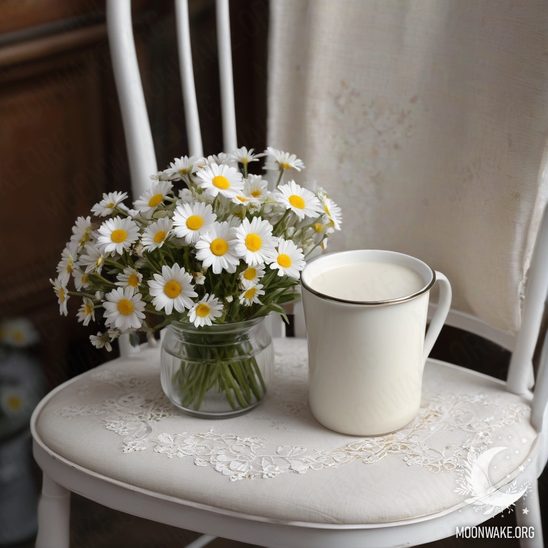 Vintage Romantic Chair with Daisies A close-up of a vintage chair with a white fabric, a cup of coffee, and a milk bucket with daisies, set in a nighttime atmosphere.