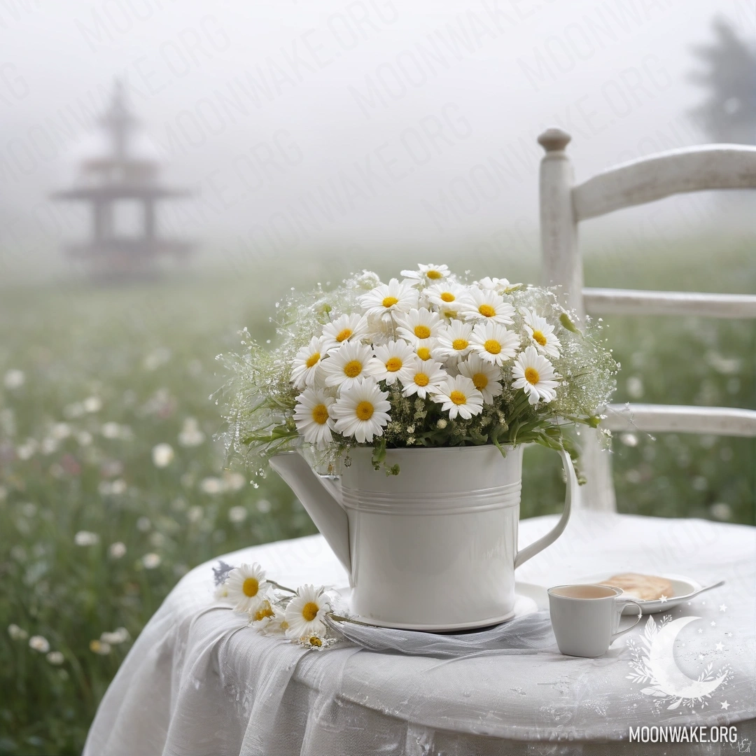 Close-up of a vintage chair adorned with white fabric, a coffee cup, and a bucket of daisies in a foggy setting.