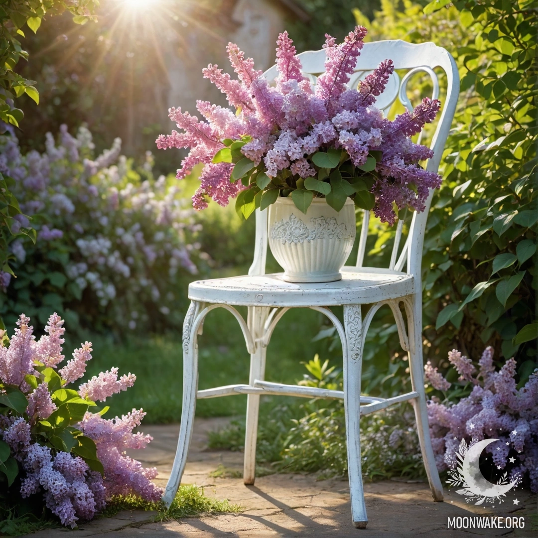 A vintage shabby chair in a garden, holding a vase of lilacs with sun rays shining down.