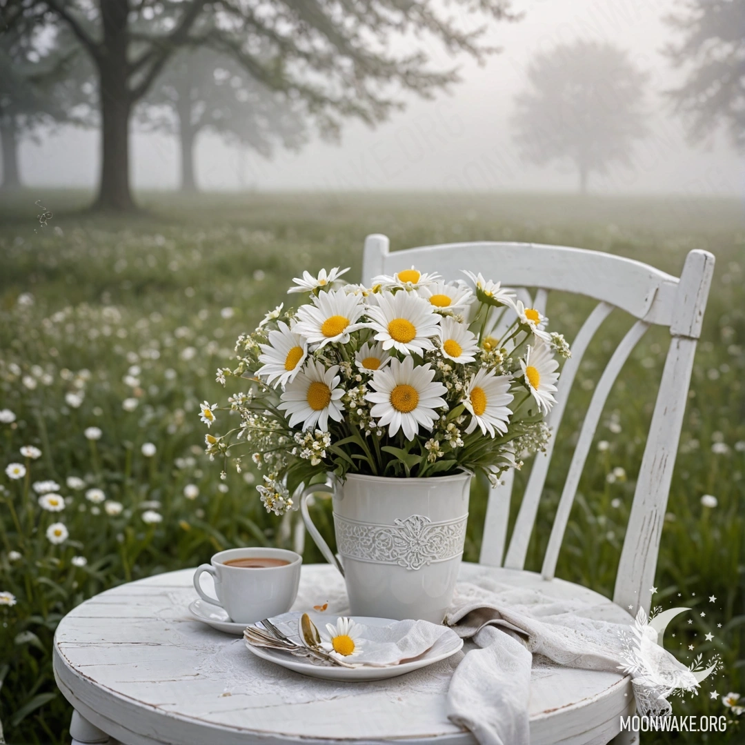 A close-up of a vintage chair with a white fabric, a cup of coffee, and a bouquet of daisies in a white milk bucket, surrounded by dense fog.