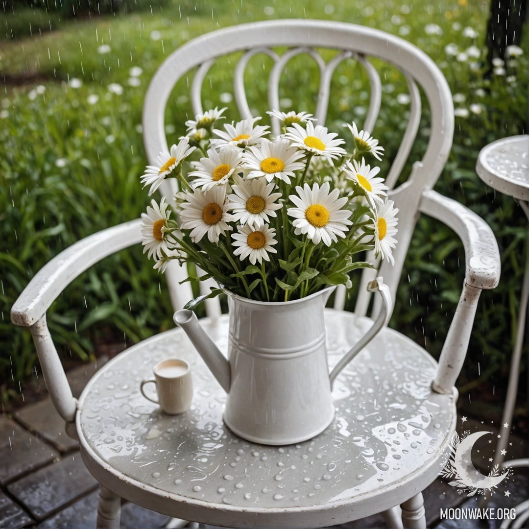 A close-up of a shabby vintage chair with white fabric, a cup of coffee, and a bucket of daisies under the rain.
